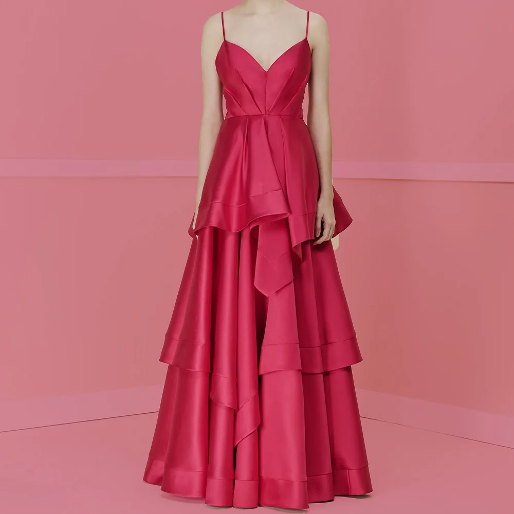 

Classic Pleats Tiered Spaghetti Straps Evening Dresses Temperament A-Line Sweetheart Satin Party Gowns فساتين سهره نسائيه فخمة