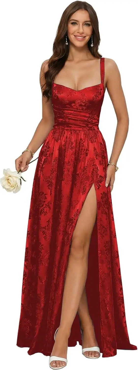 

Long Formal Evening Gown Formal Dress Women Elegant Party Jacquard Satin Prom Dresses with Slit Spaghetti Straps A Line Maxi