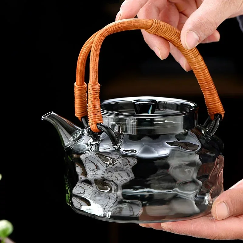 800ml Rattan Woven Handle Irregular Surface Heat-resistant Glass Teapot Boiling Flower Puer Oolong Tea Pot Kungfu Tea Set