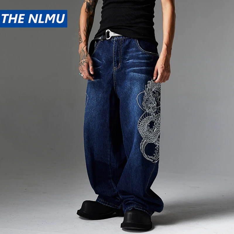 Men's Black Baggy Jeans Dragon Embroidered Straight Jeans Streetwear Hip Hop Loose Trousers Male Luxury Designer Denim Pants