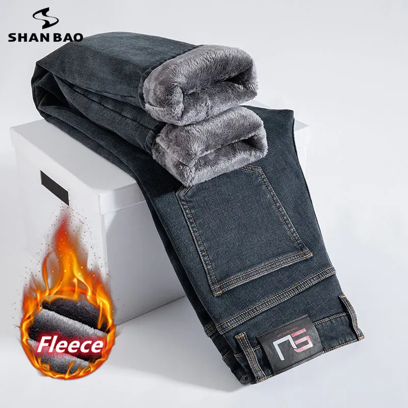 

Men's Winter Fit Straight Fleece Thicken Jeans Classic Brand Simple Warm Business Casual Cotton Stretch Denim Pure Trousers