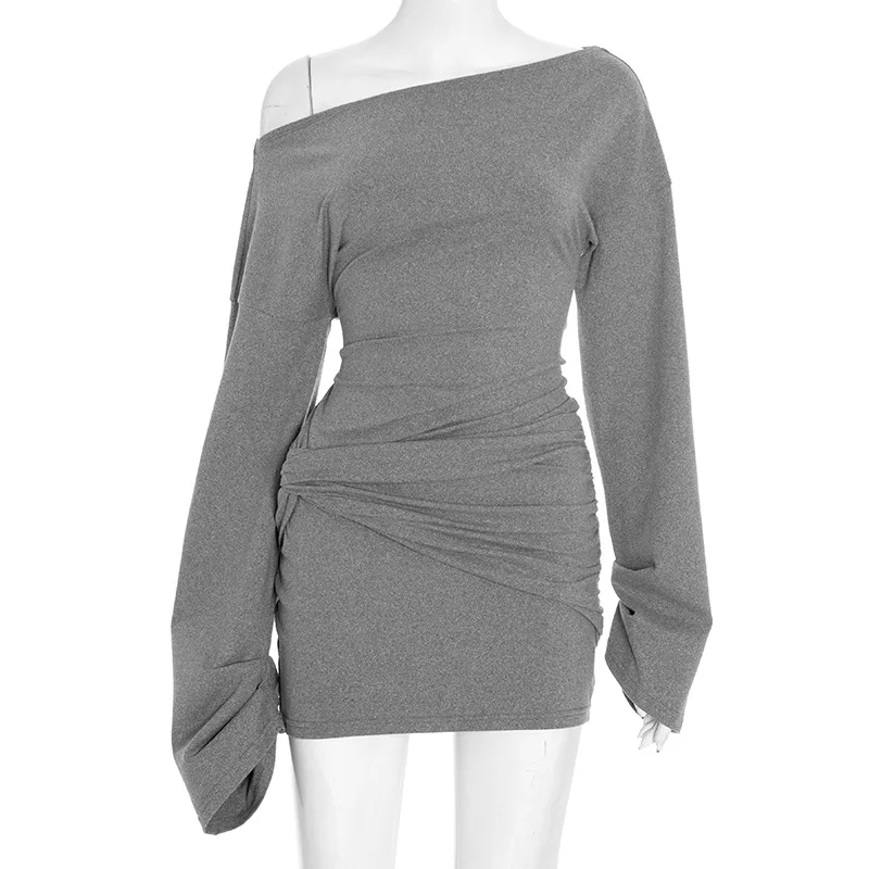 Frauen Sexy Side Twist Geraffte Bodycon Mini Kleid Geneigte Schulter Volle Hülse Dünne Beiläufige Streetwear Fashion Party Clubwear