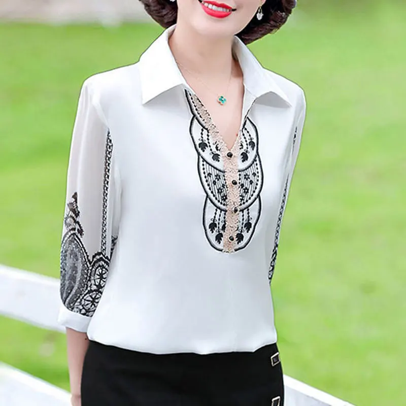 2024 New Fashion Lace Patchwork Shirt Vintage Summer Half Sleeve Female Clothing Casual Polo-Neck Button All-match Loose Blouse