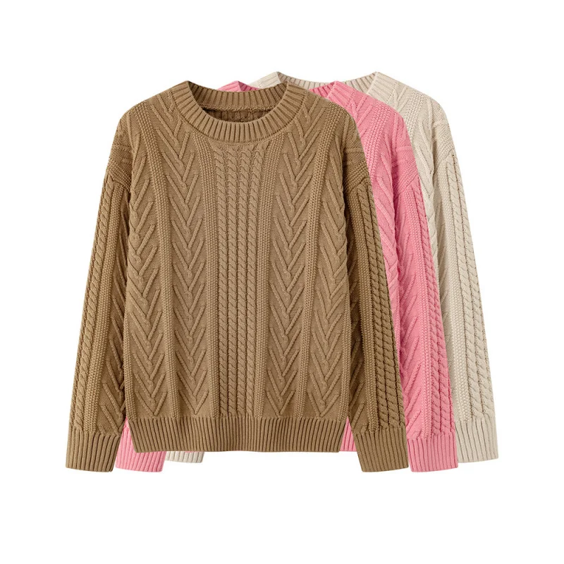 

% Cotton Knit Sweater Women, Thick Autumn Winter Pullover, New Loose Fit Chunky Yarn Round Neck Top