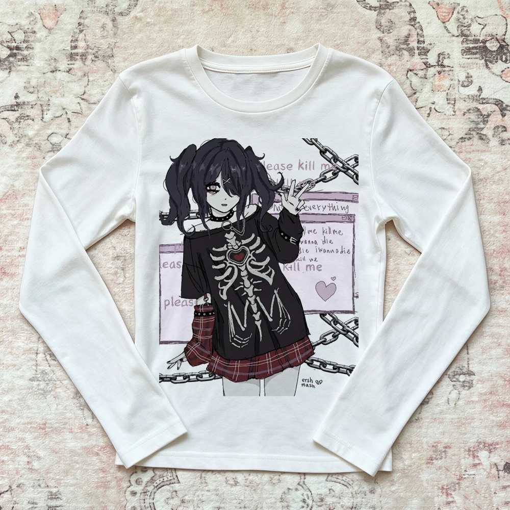 Y2K Women White Long Sleeve T Shirt Anime Girl White Tiger Print Slim Fit Crew Neck Casual Alt Top