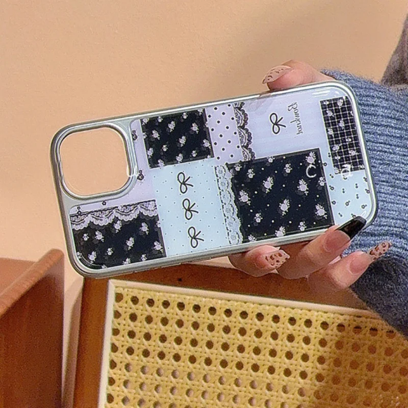INS Cute Lace Bow Floral Polka Dot Letters Plating Phone Case For iPhone 16 15 14 Pro Max 13Pro Protective Back Cover Sweet Girl
