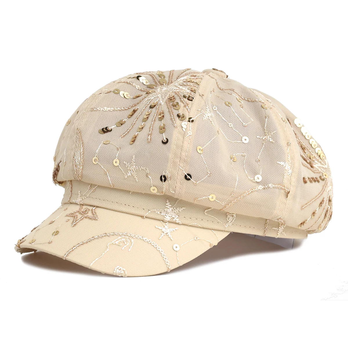 Damen-Baskenmütze mit Pailletten, glitzernde Zeitungsjungenmütze im koreanischen Stil mit atmungsaktivem Mesh, modischer Malermütze für Sommer und Herbst