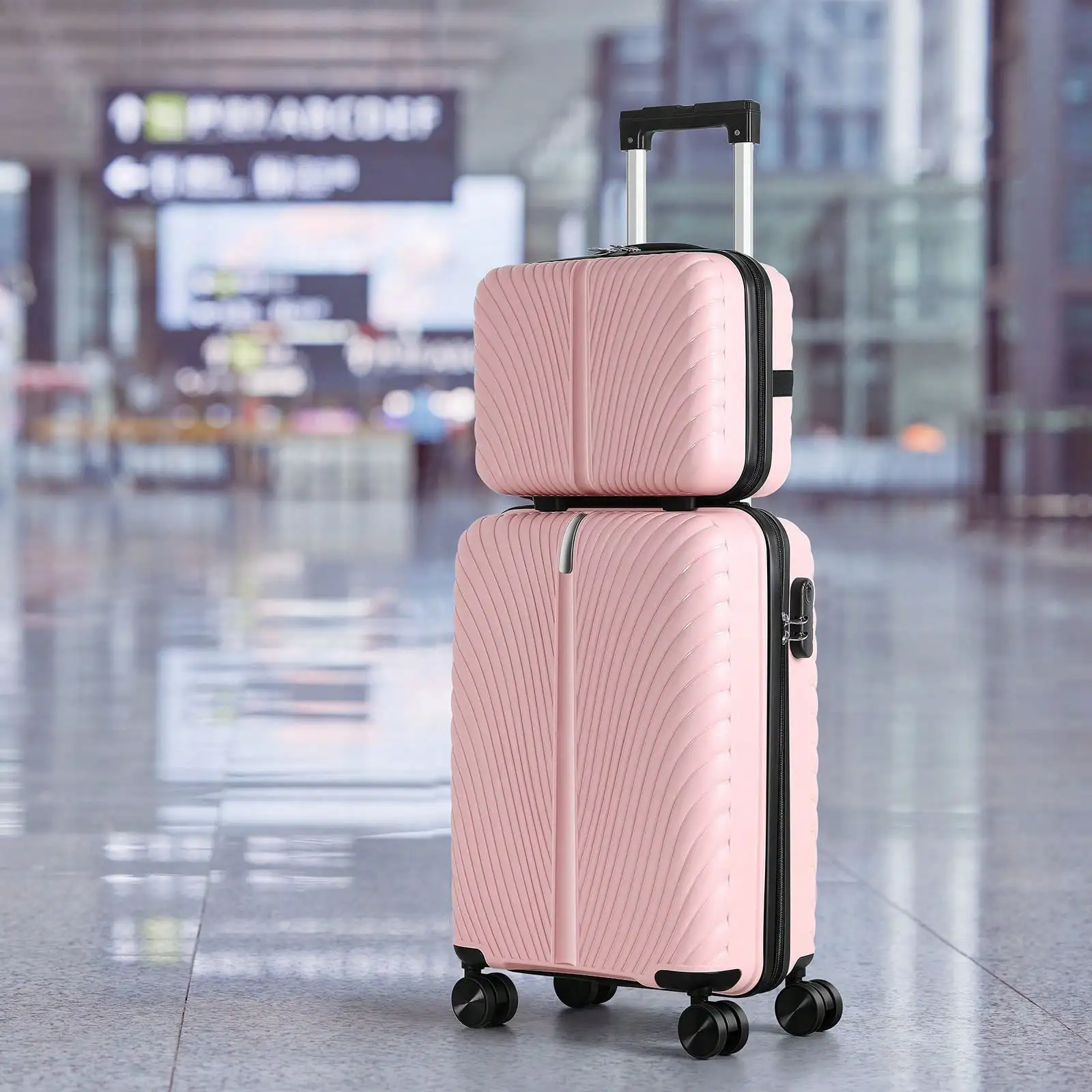 2 Piece 20 Inch Carry On Luggage With 14 Inch Cosmetic Case, Hardshell Trolley Suitcase With Lock & Spinner Wheels, Rose Gold Blue Black Pink