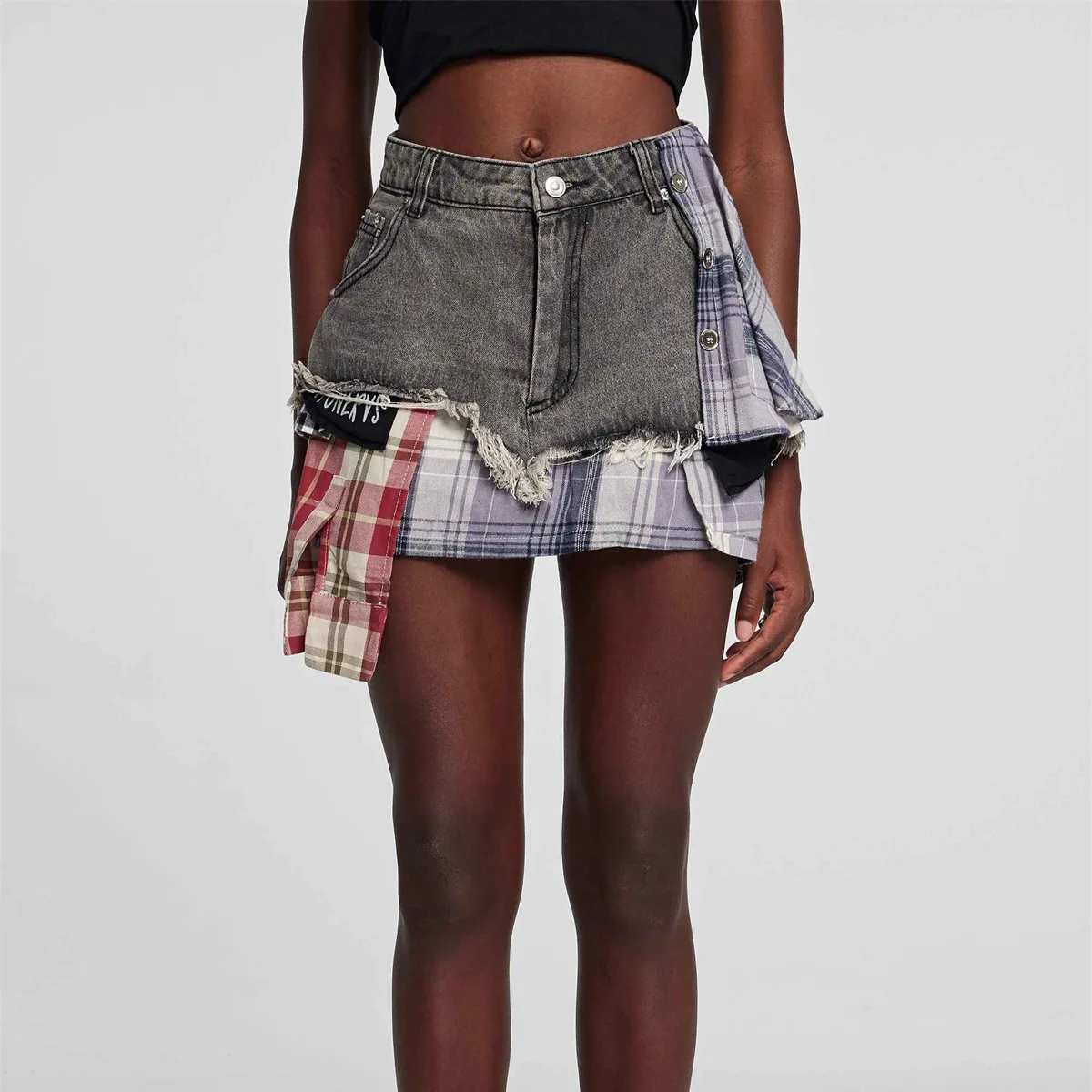 

American Style Trendy Design With Spicy Girl Grid Splicing Irregular A-Line Denim Skirt With Fringed Edges And Short Skirt