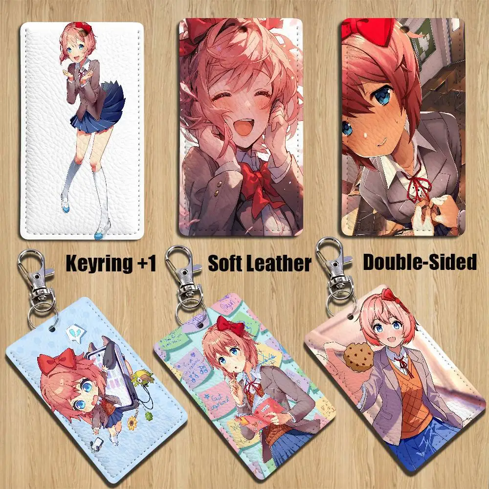 

cute DDLC pink S-Sayoris Rectangle ID Card Case Keychain Access Card Bag Key Tag Ring Leather Card Holder Key Ring Access