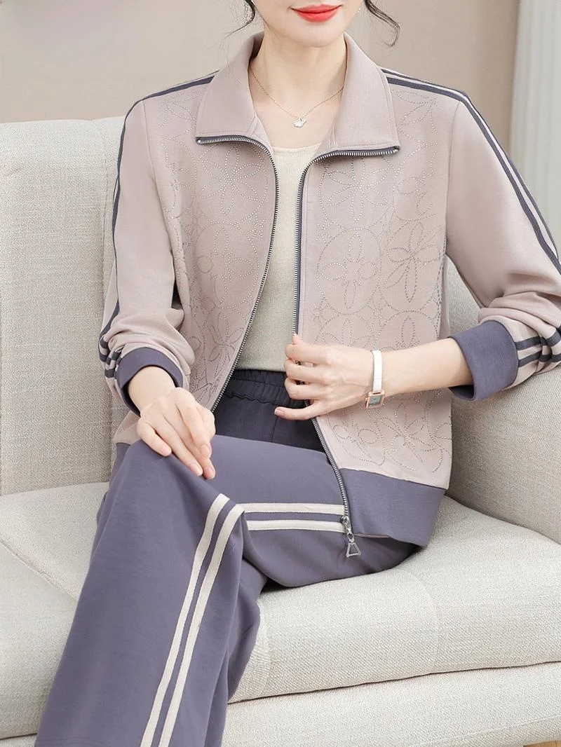 

Spring Autumn Mom Jaet Spor Women's Set Casual Two-Piece Suit Loose Fit Diamond Embellied Long Pants Collar Zipper
