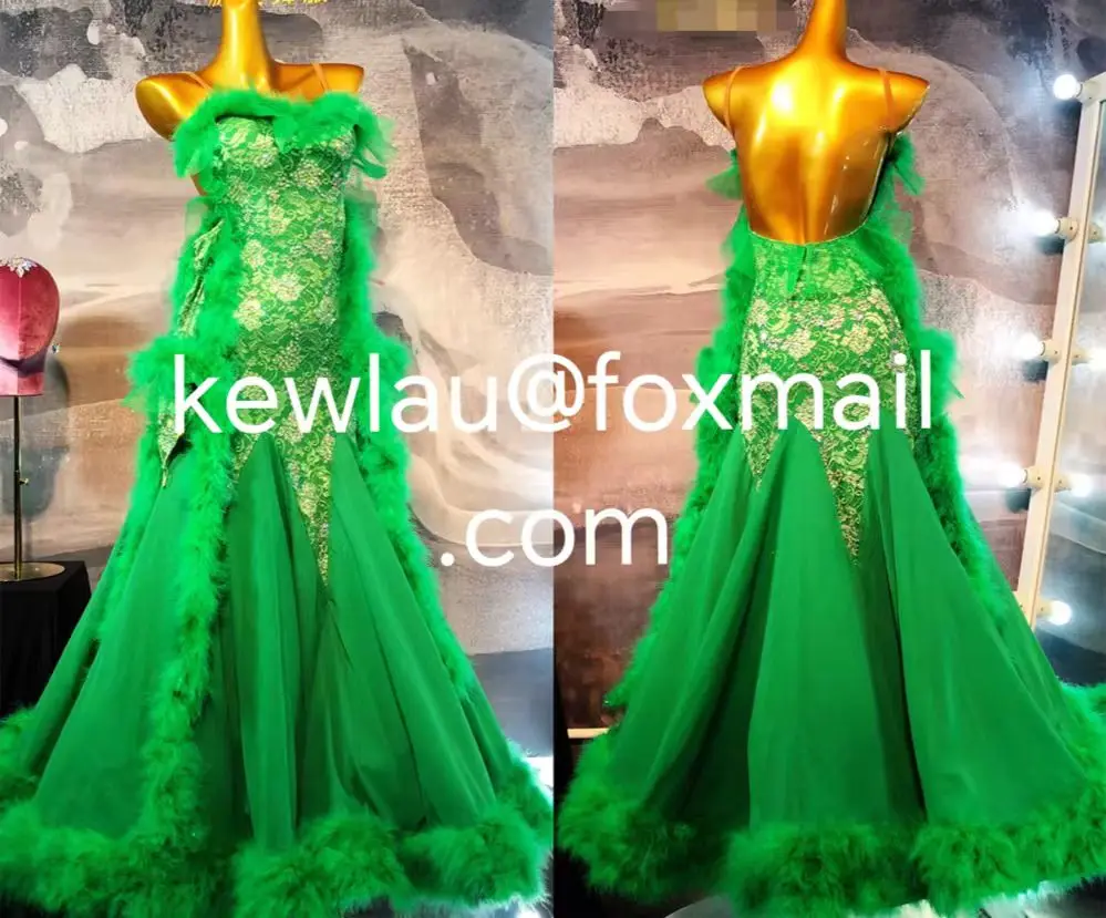 

New Ostrich Feather Customized Green Lace Ballroom Waltz Dance Competition Standard Dance Wear Dress costume Fast Free Shipping