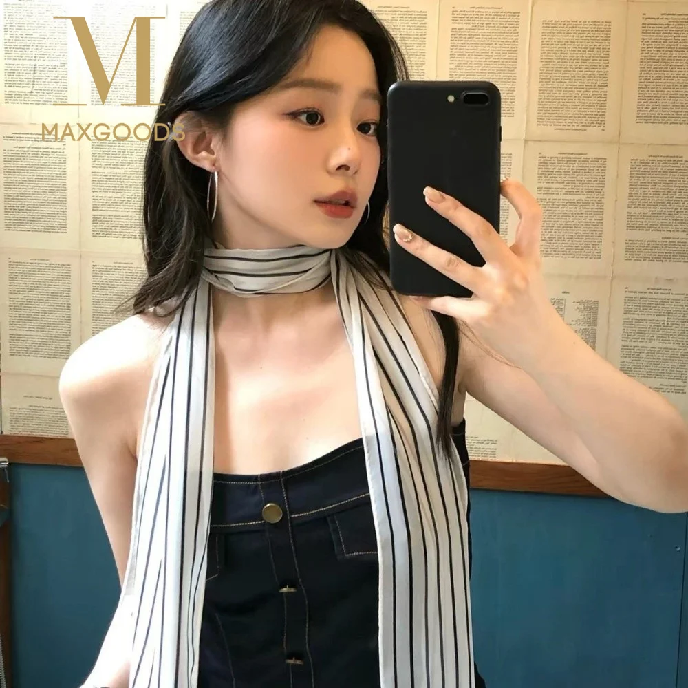 

New Black White Striped French Style Scarf Long Length Ribbon Style Long Scarf Elegant Striped Scarf Daily Wear