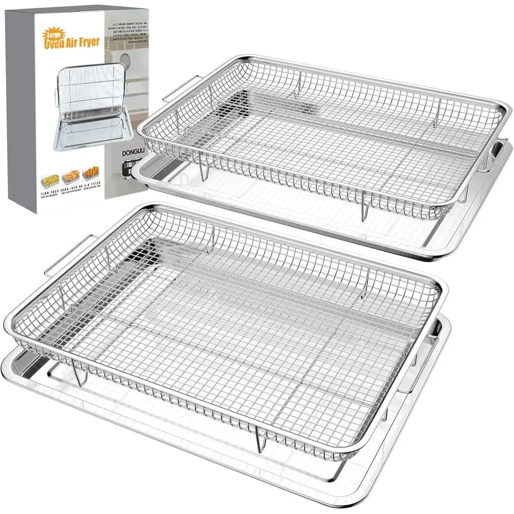 

2 Set Large Air Fryer Basket and Tray Stainless Steel Oven Air Fryer Rack Pan Accessories 15.7x11.8