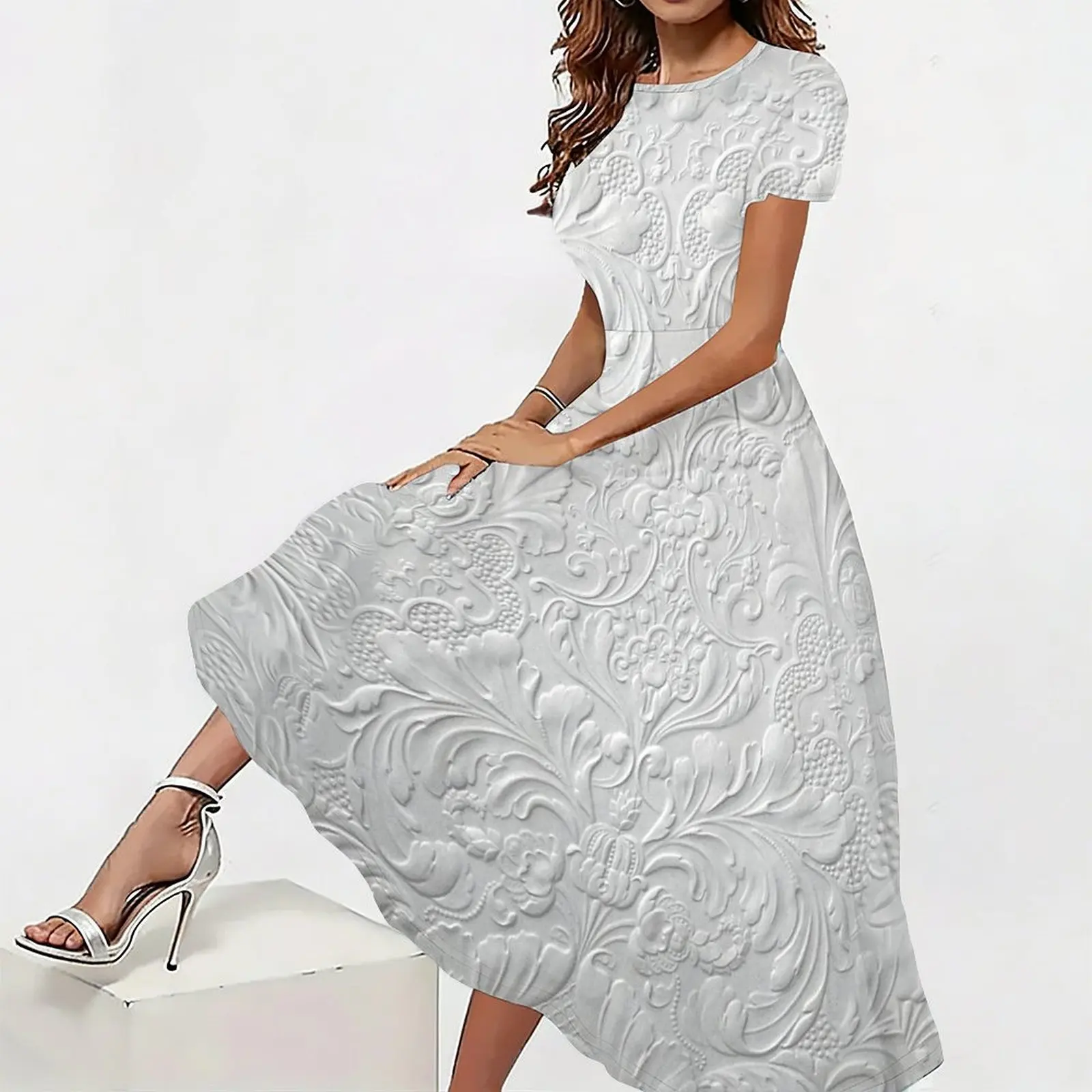 1pc Ladies Retro Printed Dress Summer Street Fashion Slim Skirt Women's Round Neck Short Sleeve Skirt Casual Long Skirt