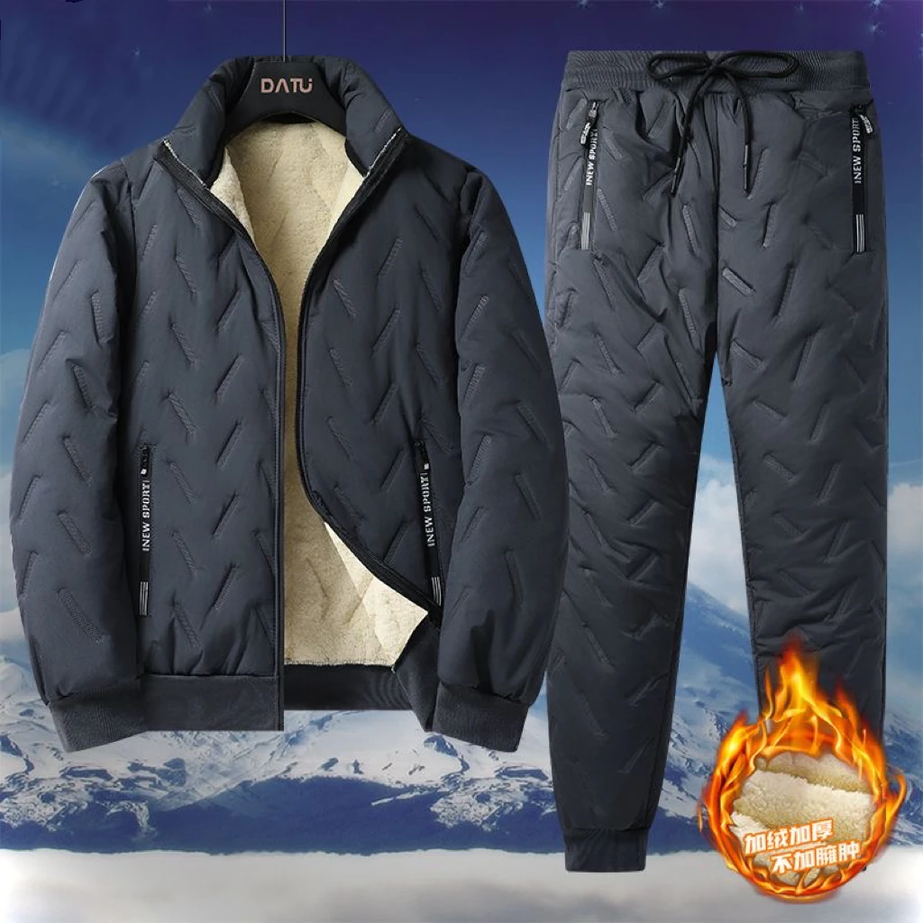 

Faionable Autumn Winter Lamb Velvet Fce Lined Loose Men's Outerwear Spor Thiened Cotton Coat Set Long Sve Long Pants