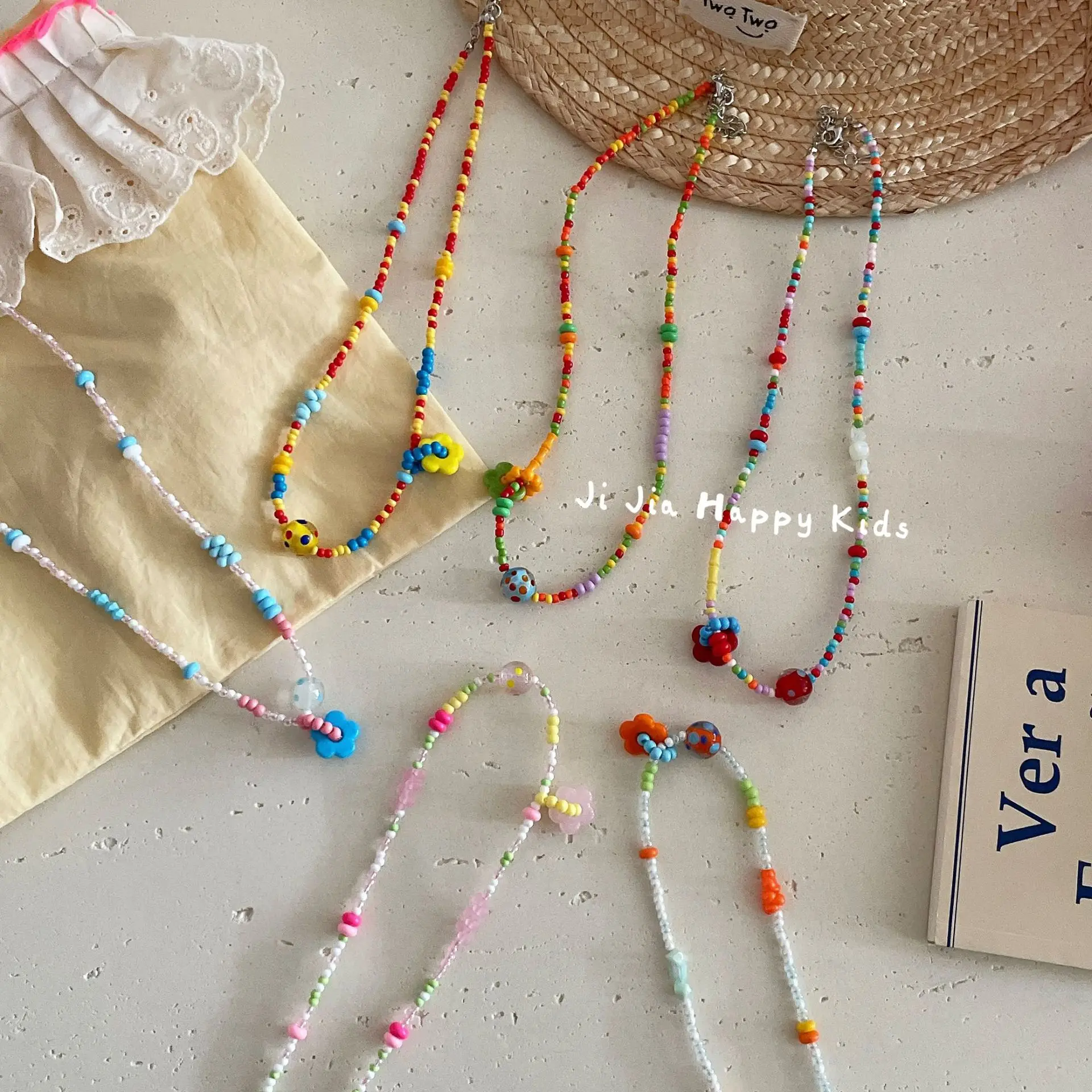Necklace Sweet Colorful Beaded Flower Pendant Choker Girls Kids Summer Holiday Travel Daily Outfit Accessories Lightweight