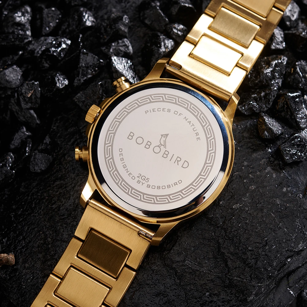 BOBOBIRD Orologio da uomo color dorato Movimento al quarzo giapponese Cinturino in legno di ebano e cassa in acciaio inossidabile Logo personalizzato Marchio o nome