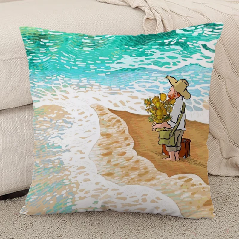 Luxury Pillowcase Car Sofa Cushion Upholstery Van Gogh Short Plush  Bed