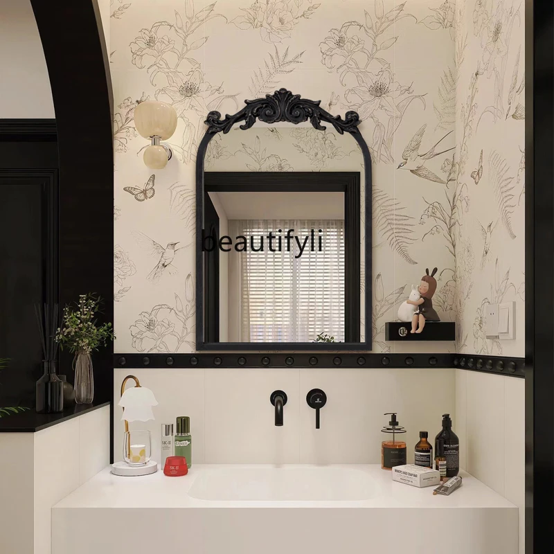 

French Style Bathroom Mirror Living Room Fireplace Decorative Mirror Light Luxury Artistic Makeup Mirror