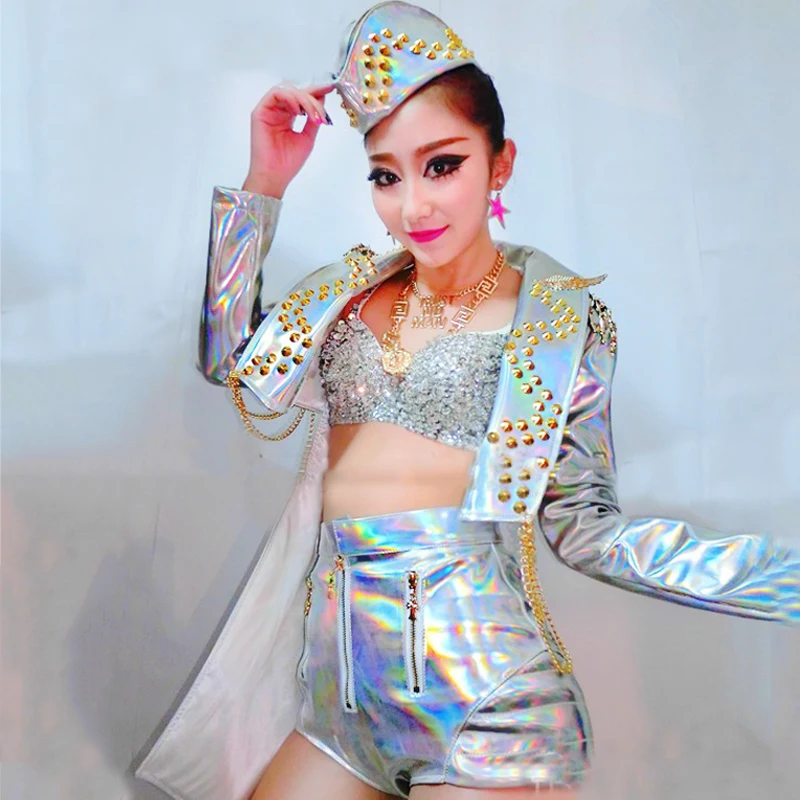 

Laser Colorful Rivet Tuxedo Jacket High Waist Shorts Jazz Costume Nightclub Bar Dj Ds Wear Pole Dance Performance Clothes XS3528