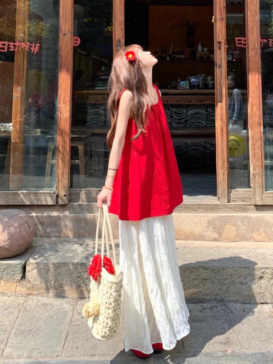 Ankang Red Ice Silk Cotton Linen Strap Vest Women Summer Outdoor Wear Svel Doll irt Dopne Personali Top