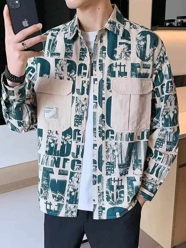 

Loose Casual Long Sve Men's irt Spring Autumn Print Workwear Jaet Polyester Fiber Skin-friendly Breathable Korean Sle