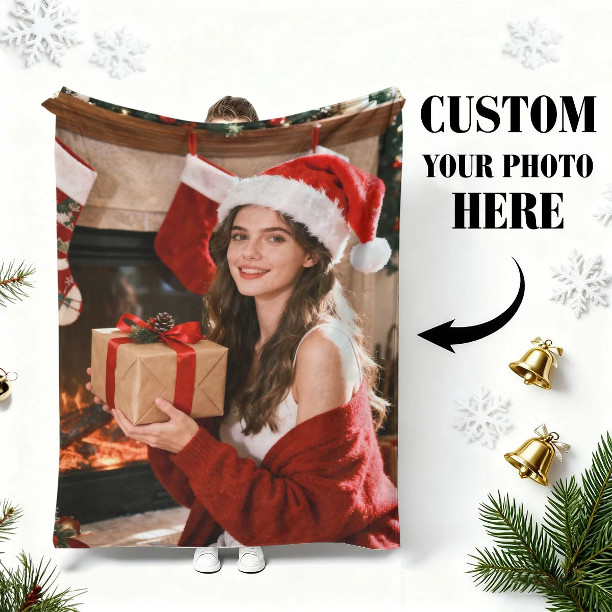 Personalisierte DIY-Fotodecke für Weihnachten, Geschenk für Lieben, Flanelldecke – individuelles warmes Familienfoto + Weihnachtselemente, weich, warm, fusselfrei, geeignet für Sofa, Bett, Büro, Auto