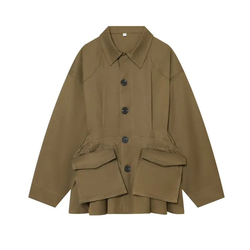 XNWMNZ High Quality  2026 New Women's Summer Casual Oversized Cotton Twill Jacket Button Down Shirt Pleated Hem Workwear Jacket