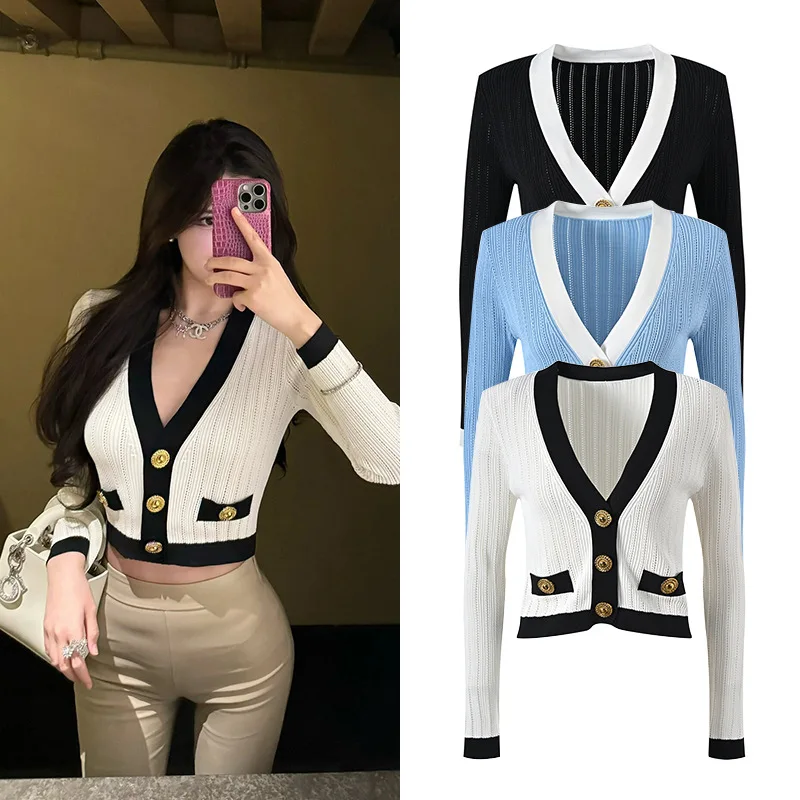 High Quality Women Spring Autumn New Collision V-Neck Long-Sleeved Slim Thin Knitted Cardigan Tops