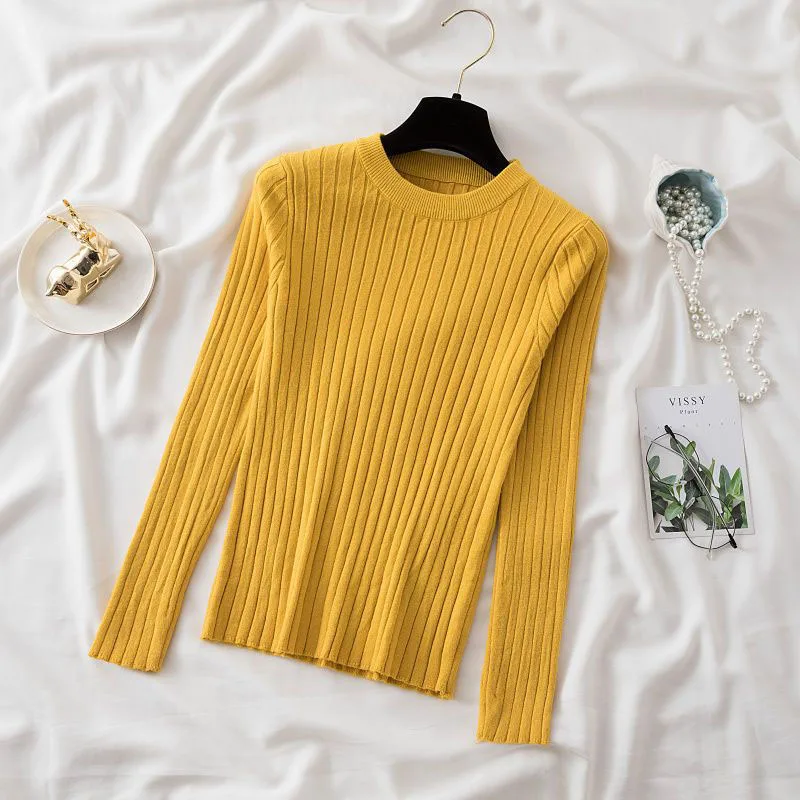 Women's Clothing Low round neck Sweaters Pullovers knitted inner top spring autumn new versatile long sleeved slim fit Jumpers