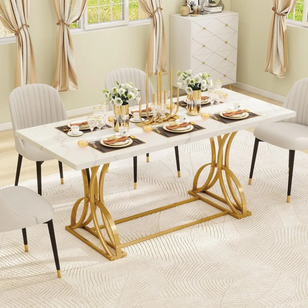 

70.3" Large Modern Dining Table for 6-8 People Rectangular White Kitchen Dining Room Table with Faux Marble Tabletop