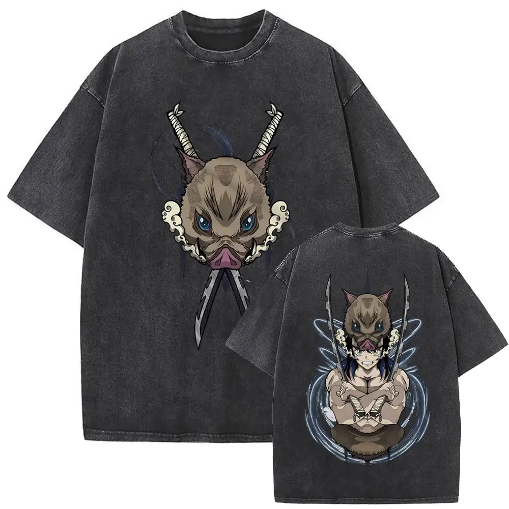 

Washed Vintage Anime Demon Slayer Hashibira Inosuke Graphic T Shirt Men Women Casual Oversized T-shirts Men's Fashion Streetwear
