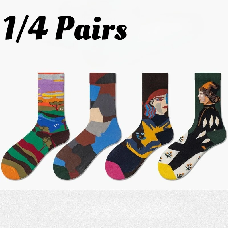 

1/4 пары весенних нишевых дизайнов, абстрактная картина маслом, портретные длинные носки-трубочки, повседневные удобные универсальные хлопковые мужские носки