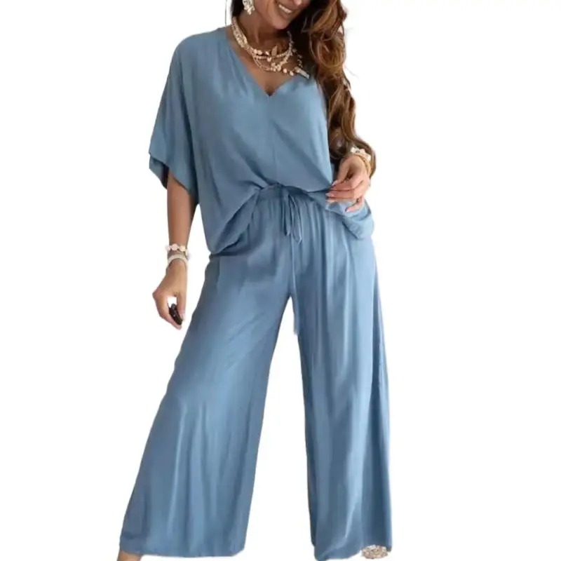 2024 Summer Pant Sets Two Piece Sets For Women V Neck Bat Sleeve Casual Loose Wide-leg Pants 2 Piece Set Solid Homewear Outfits