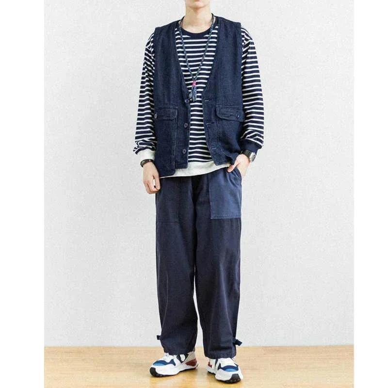 Japanese Style Personalized Color Block Splicing Elastic Waist Loose Men's and Women's Bamboo Cotton Casual Pants Trendy