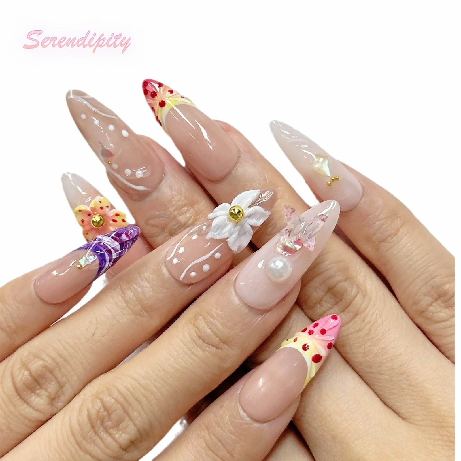 

10Pcs Press On Nails 3D Stereoscopic Carving Flowers Transparent French Long Almond Shaped Handmade Art Nail Removable Fake Nail