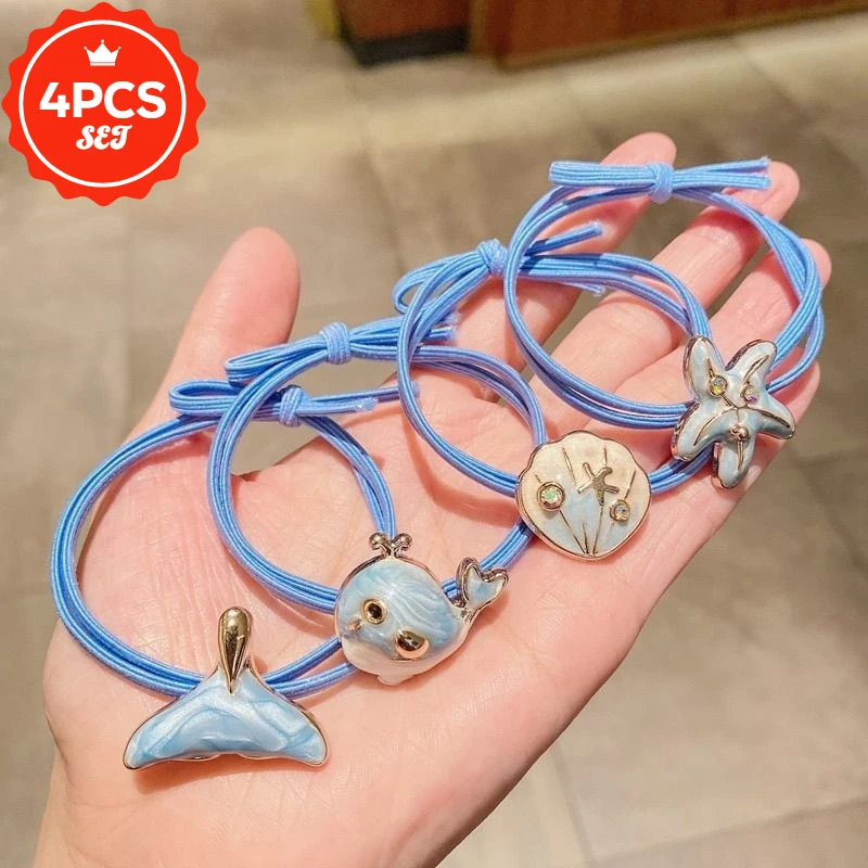 

4Pcs/set New Mermaid Hime Hair Tie High Beauty Hairband Blue Marine Biological Hairband High Elasticity Rubber Band Headpiece