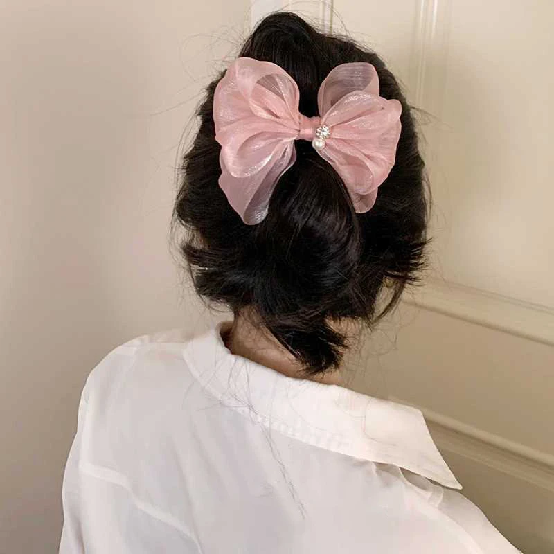 Double-layer Mesh Bow Hair Clip for Woman Elegant Temperament Shark Clip Fashion Girl Back of The Head Ponytail Clip Hair Clamp