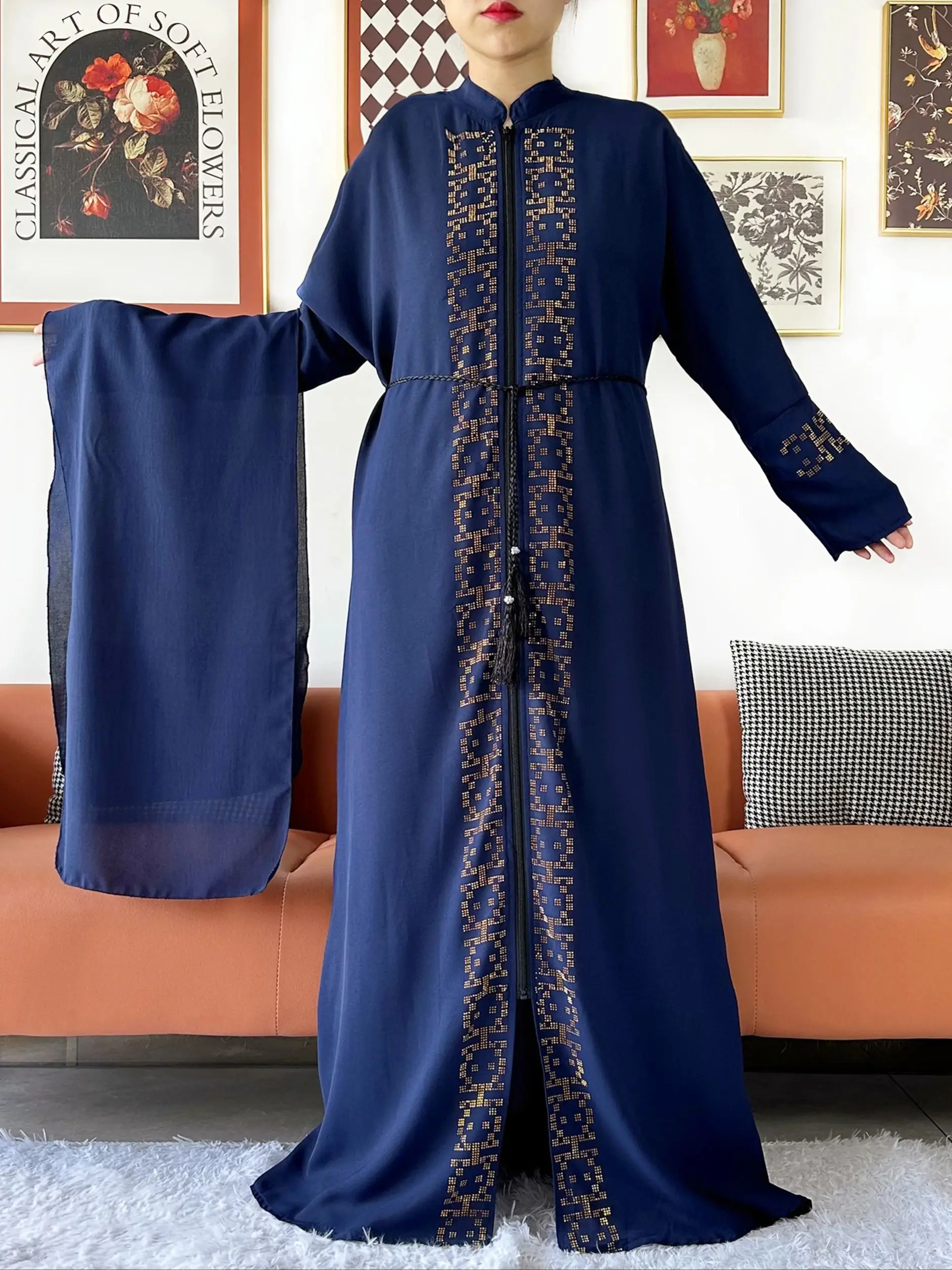 2024 Muslim Ramadan Tranditional Turtleneck Long Sleeve Dress Women Cardigan Open Abaya Dubai Caftan Islamic Kimono Clothes