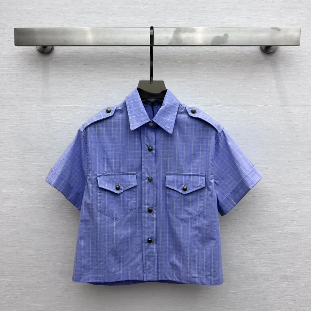 

Light blue plaid vintage epaulette design short short sleeve shirt 2023 autumn women's new hot