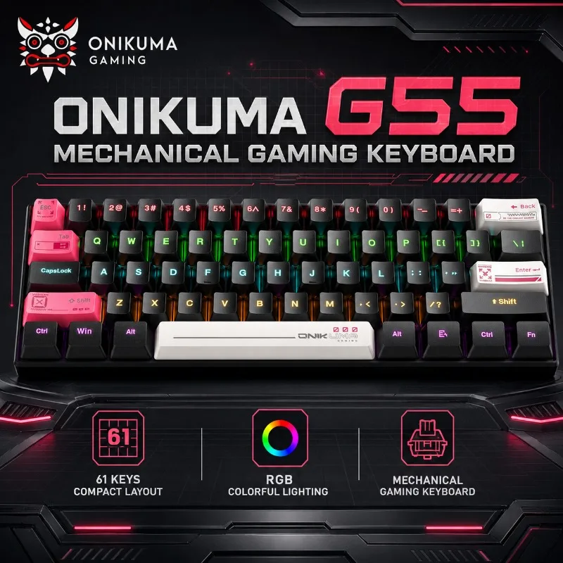 ONIKUMA G55 Mechanical Gaming Keyboard 61 Keys RGB Backlit Brown Switch Compact Wired USB Type C Keyboard for PC Laptop Gamer