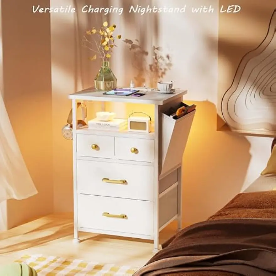 Nightstand branco com estação de carregamento LED Night Stand, mesa de cabeceira