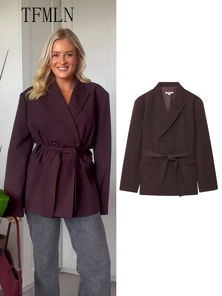 

Модные женские пиджаки с поясом, осень 2022, элегантные свободные повседневные куртки с зубцами, шикарная двубортная однотонная верхняя одежда OL