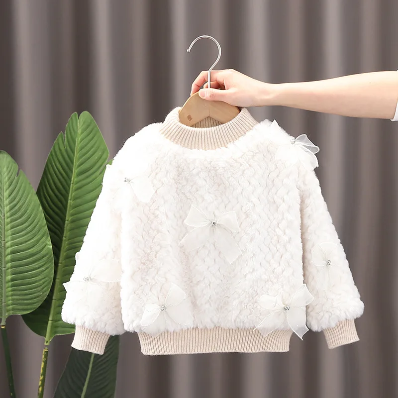 Winter Infant Baby Girl Sweatshirt Plus Velvet Thicken Bow Toddler Kid Girl Pullovers Soft Round Collar 1-5Y Girl Woolen Sweater