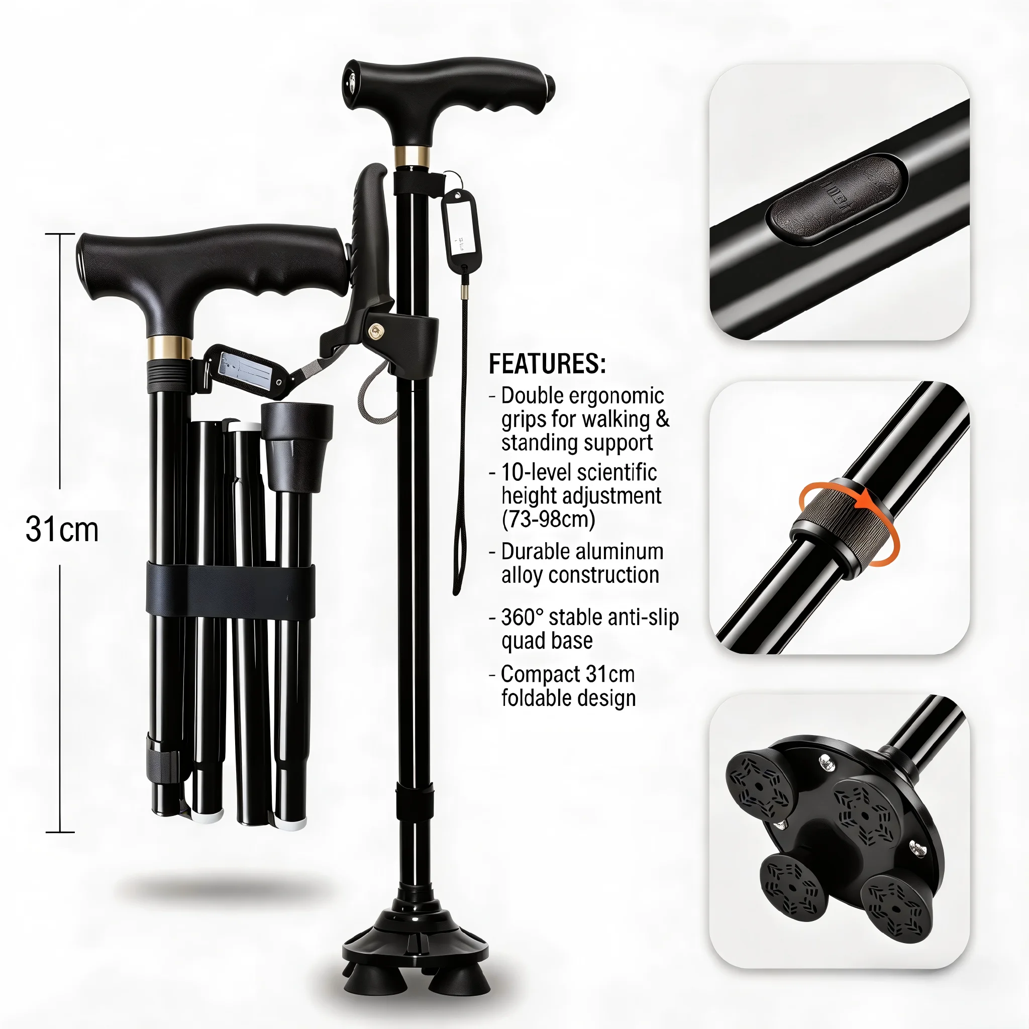 

Adjustable Double Handle Walking Cane, 10-Height Quad Cane with Shock Absorption, Lightweight Balance Mobility Aid for Seniors