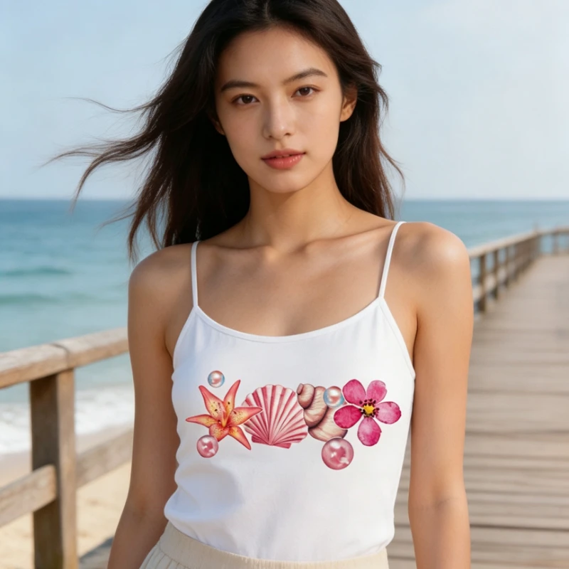 Tank Crop Underwear Beach Vacation Theme Unique Hand Painted Multi Colored Aquatic Elements Vest Apparel for Summer Streetwear