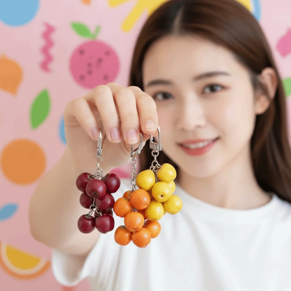 Realistic 3D Red Fruit Key Chain Handmade Style Vibrant Colors Berry Bag Charm Chunky Beads Whimsical Design Resin Key Ring