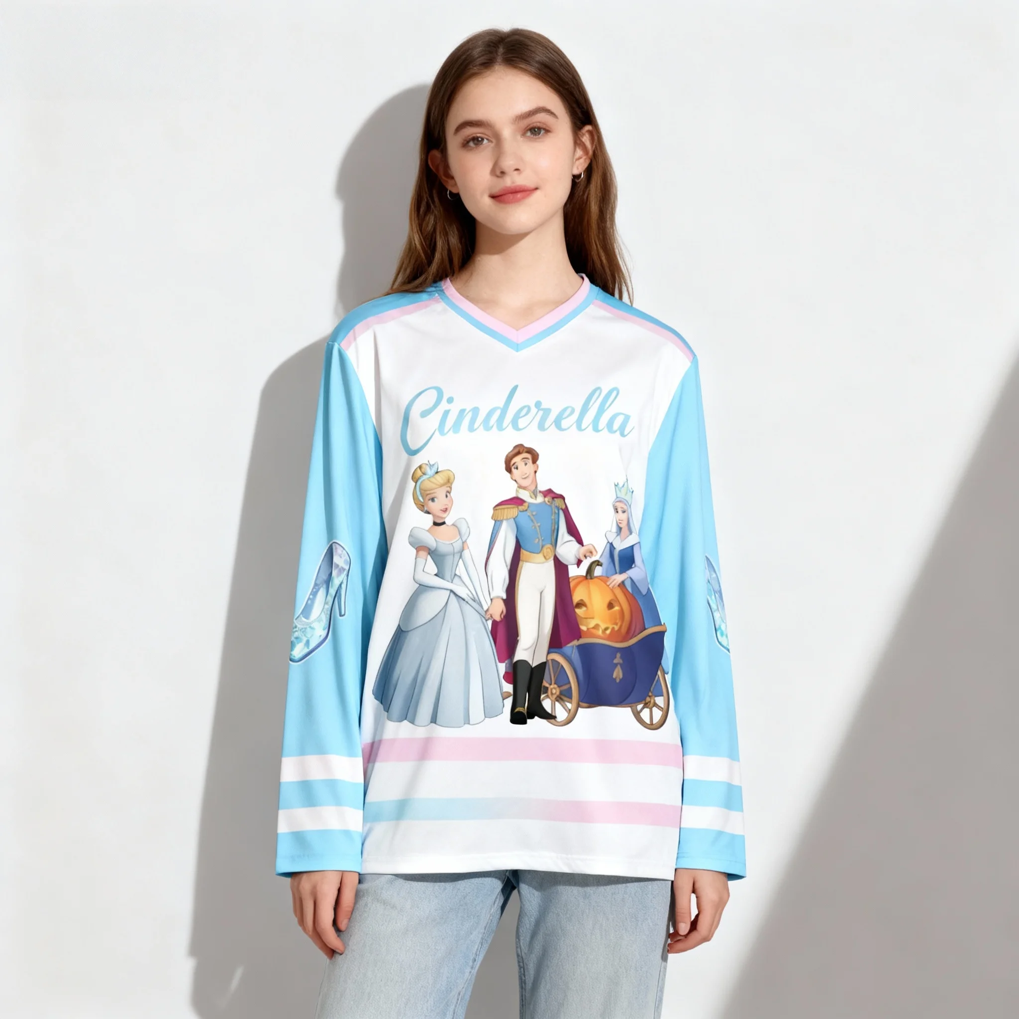 الخريف/الشتاء فيلم ديزني مولان وسندريلا سلسلة الخامس الرقبة طويلة الأكمام تي شيرت الشارع المتضخم النساء الكبار نفس النمط #4