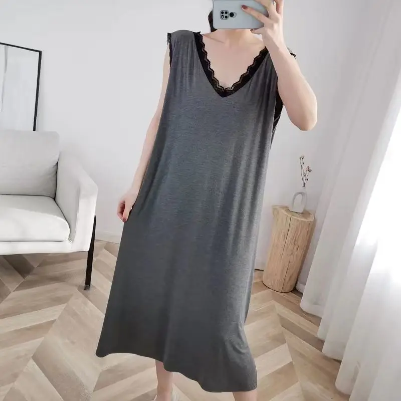 

Large Size 4XL 150kg Summer Long Dress Lace V Neck Sleepwear Home Nightshirt Women Causal Sleepwear Loose Ladies Dress